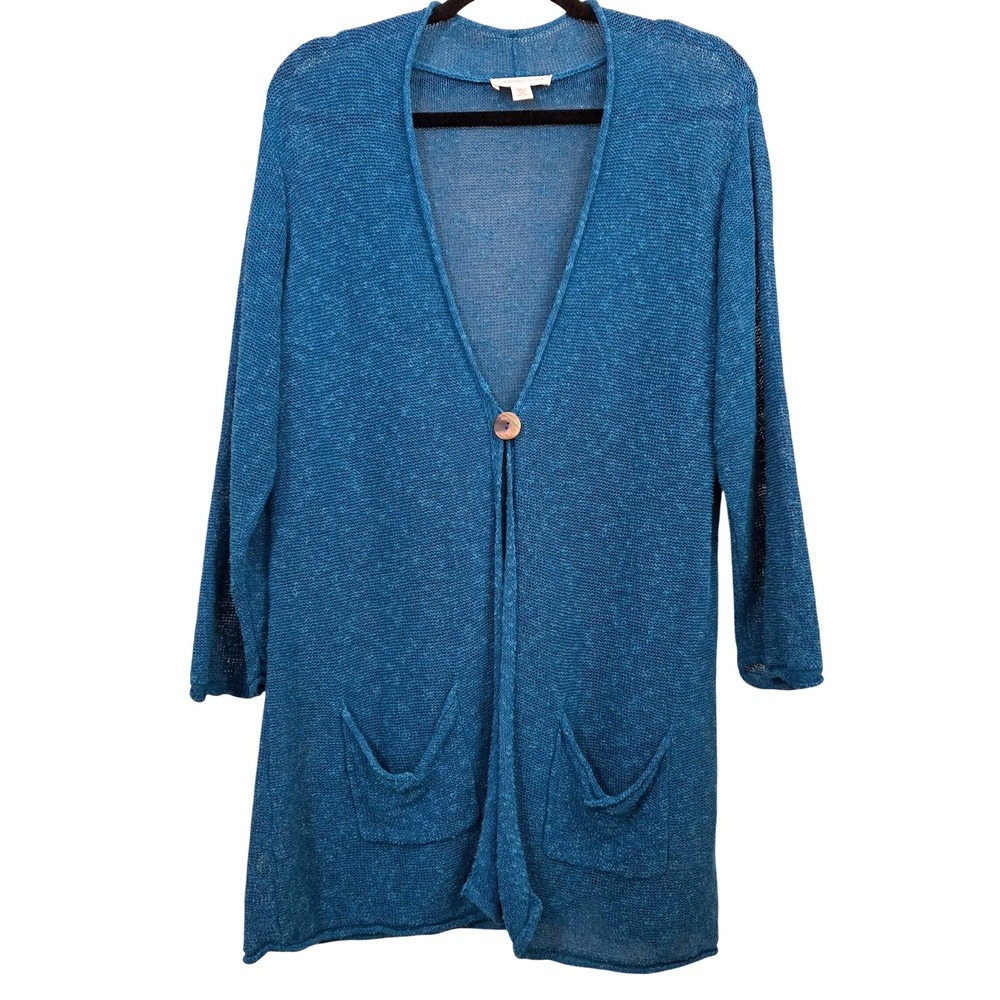 Coldwater‎ Creek Boho Chic Teal Blue Linen Blend Open Knit Cardigan Womens 1X